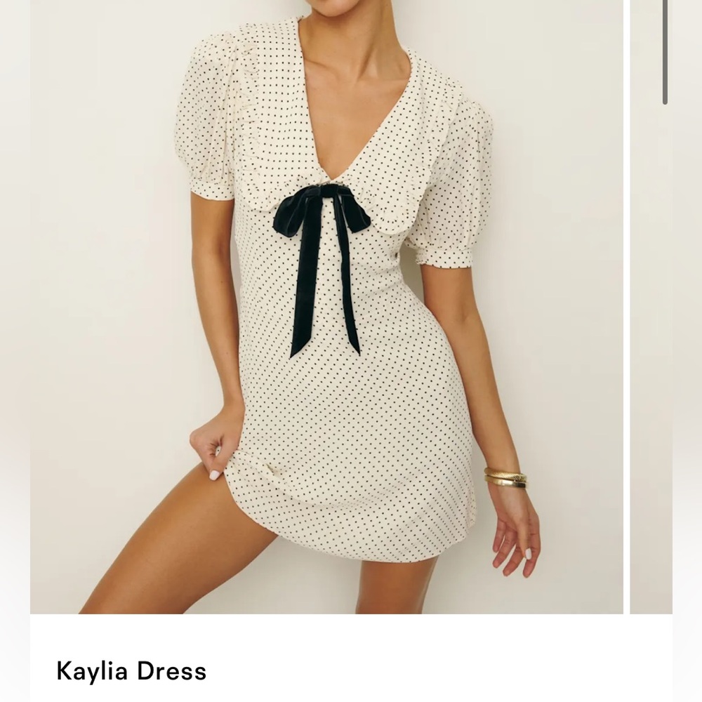 Reformation Cream Polka Dot Mini Dress with Black Bow